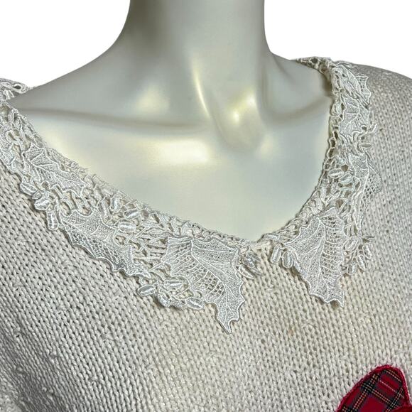 Bechamel White Hand-Knit Sweater with Lace Collar & Holiday Bow Design, Size M - Picture 3 of 11